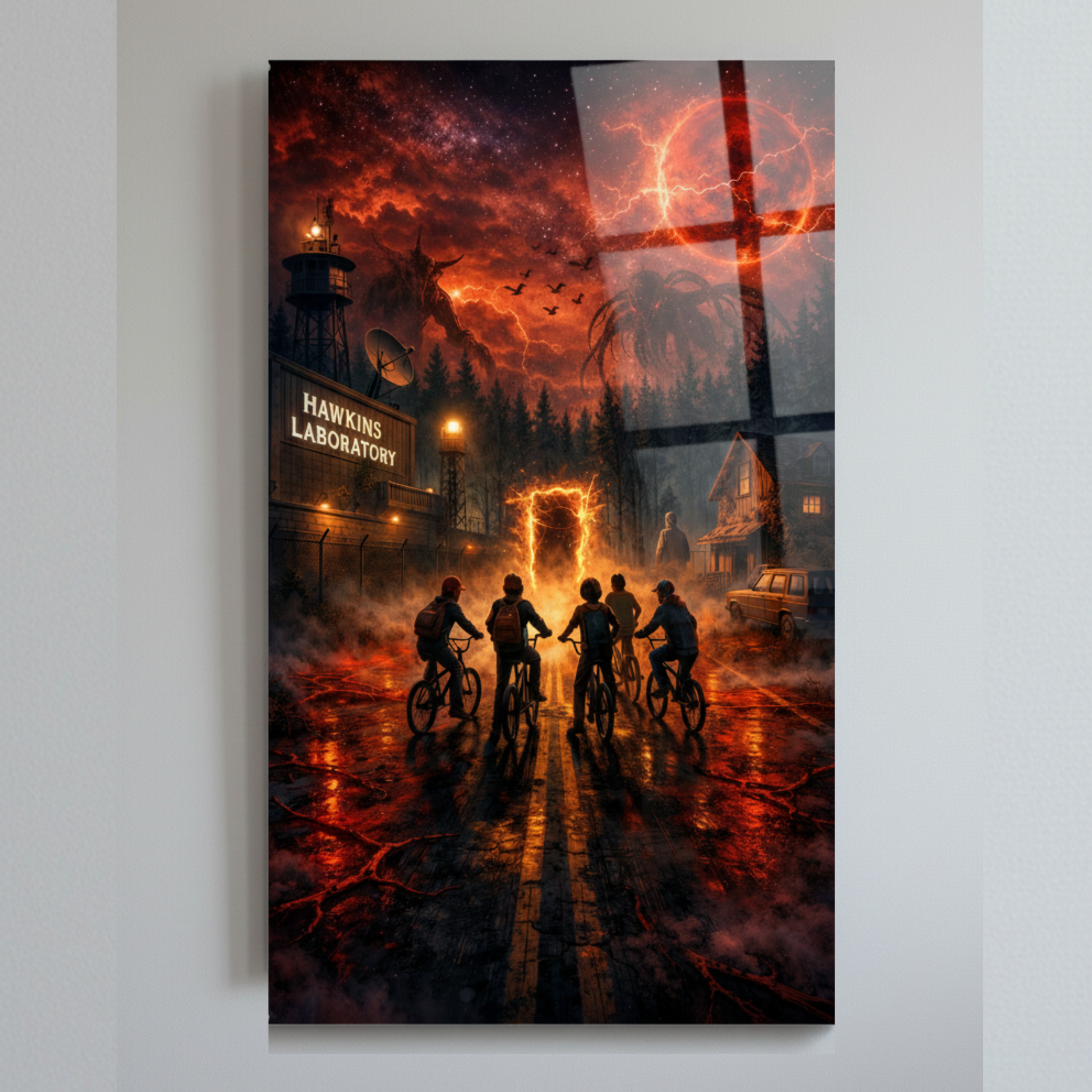 Cuadro de metacrilato de Stranger Things mostrando a los niños en bicicleta frente al portal del Laboratorio de Hawkins y el monstruo en el cielo