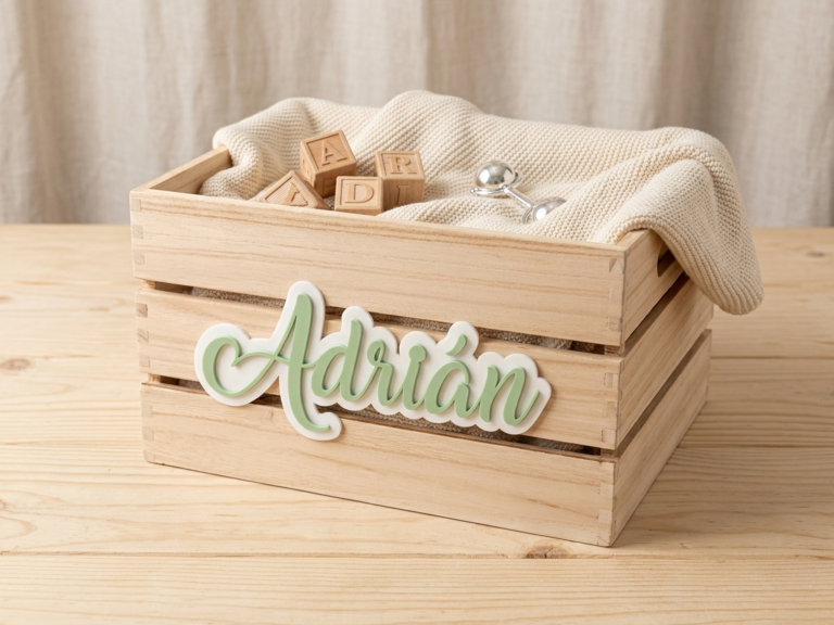 caja madera natural con nombre personalizada