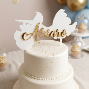 Cake Topper Personalizado "Cigüeña" – Nombre en Relieve para Bautizo y Baby Shower