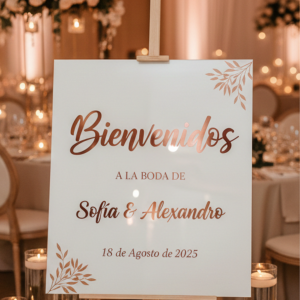 Cartel de Bienvenida para Boda en Acrílico y Oro Rosa