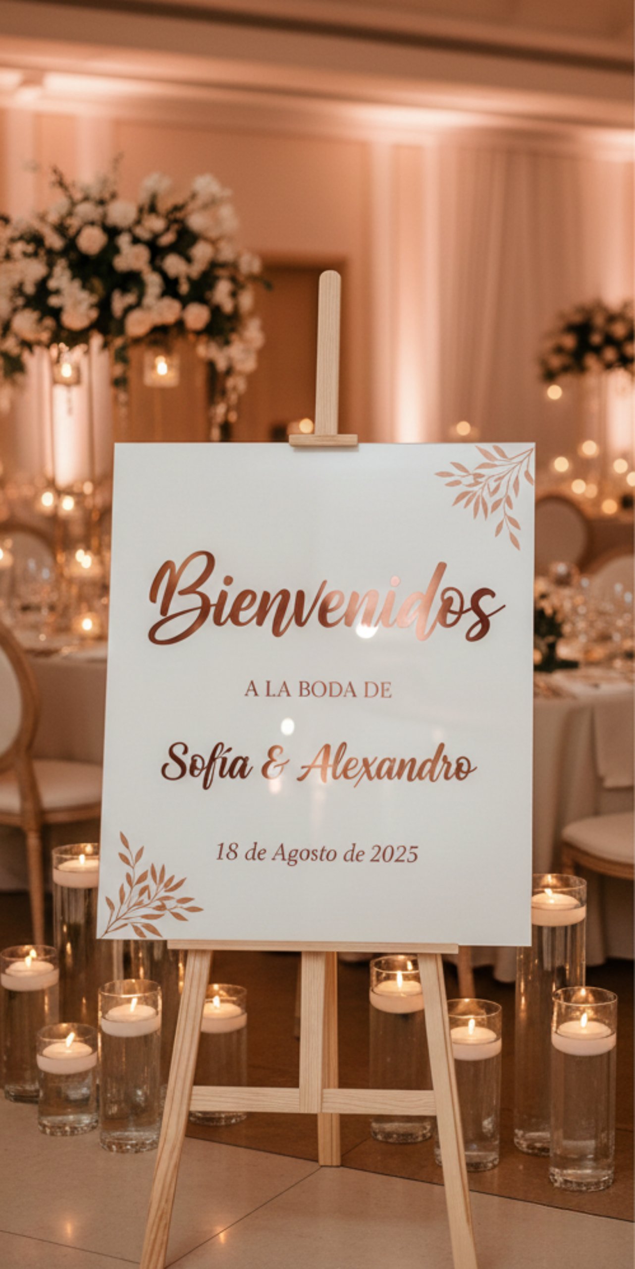 Cartel de Bienvenida para Boda en Acrílico y Oro Rosa