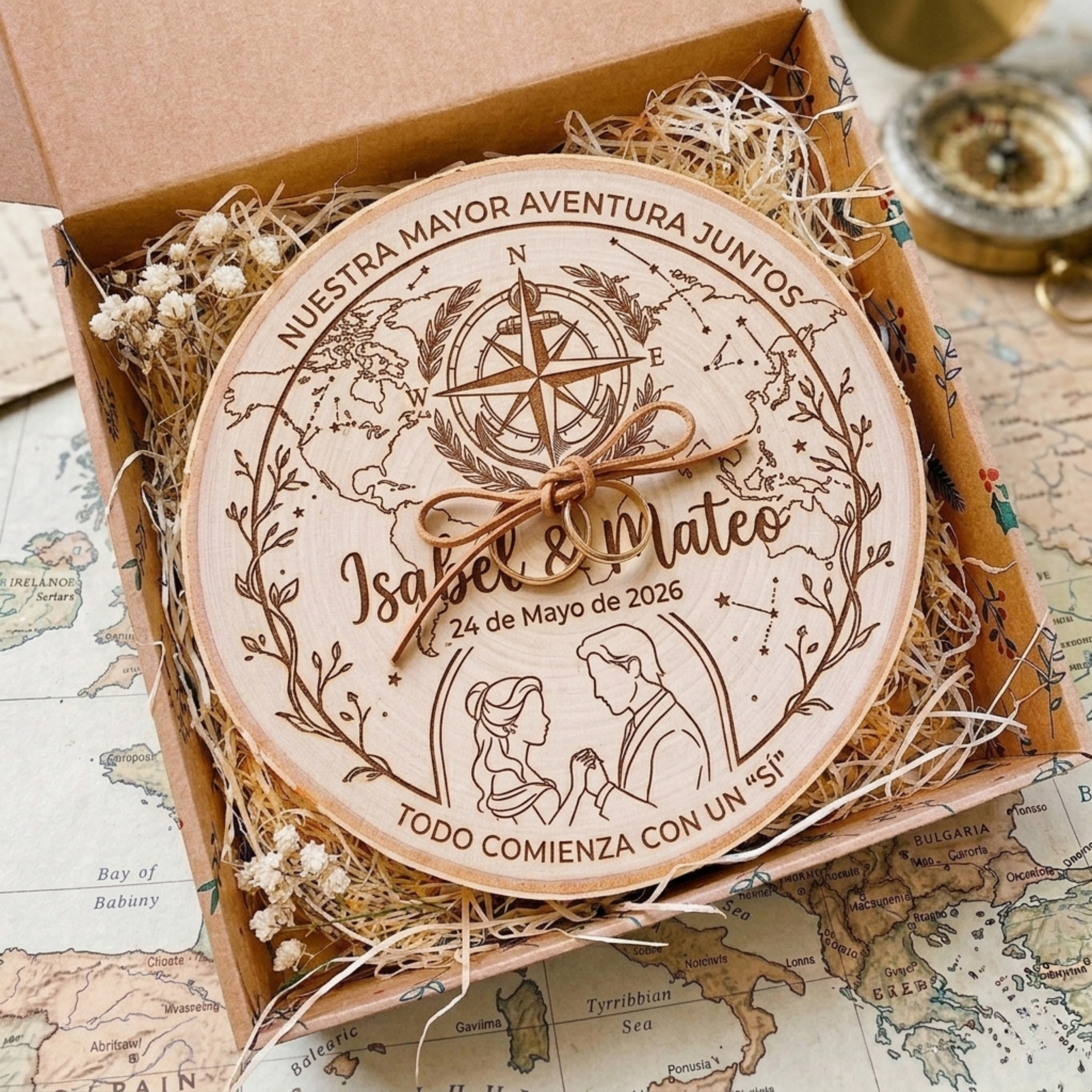 Portaalianzas de Madera Personalizado – Rodaja Natural Grabada para Bodas - Imagen 2