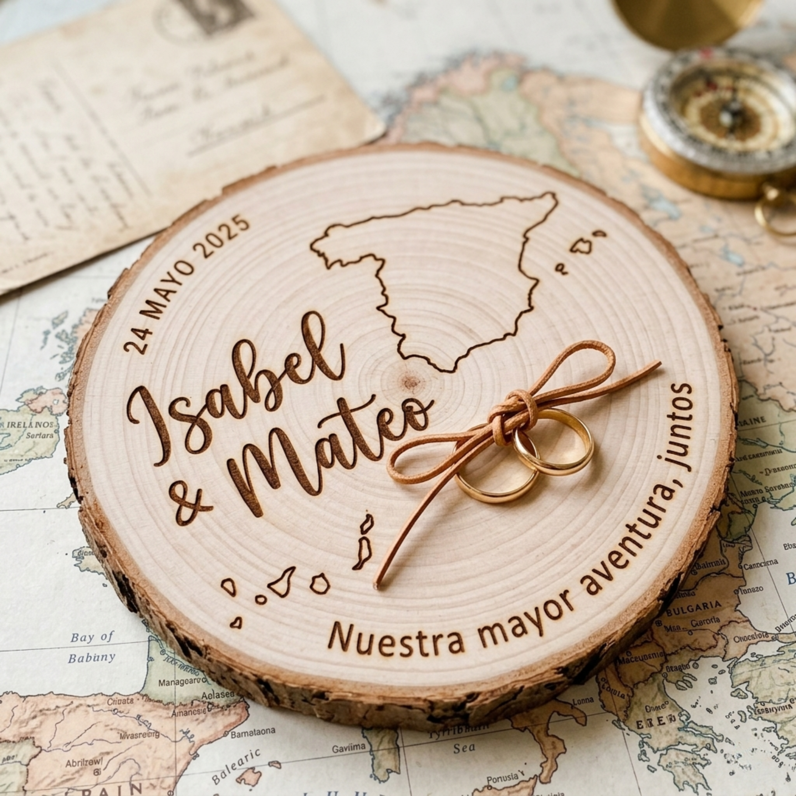 Portaalianzas de Madera Personalizado – Rodaja Natural Grabada para Bodas